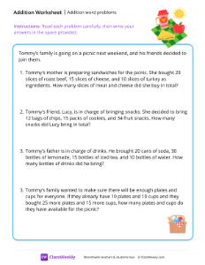 Addition word problems - Picnic | Math Worksheet