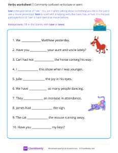 Commonly confused verbs - Saw or seen | Grammar Worksheet