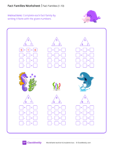 Fact Families (1-10) - Whales | Math Worksheet