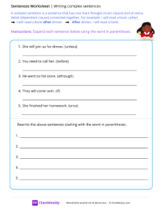 Writing complex sentences - Homework | Reading & Writing Worksheet