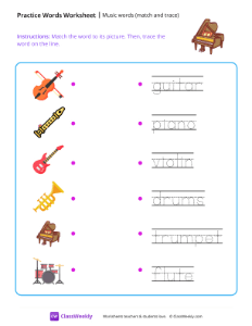 Music words (match and trace) - Piano | Reading & Writing Worksheet