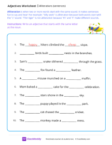 Alliterations (sentences) - Cricket | Grammar Worksheet