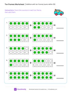 Addition with ten frames (sums within 20) - Toy car | Math Worksheet