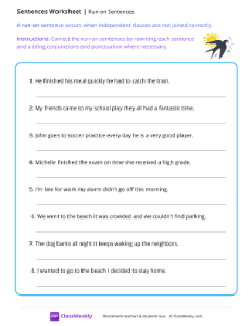 Run-on Sentences - Sunny Bird | Reading & Writing Worksheet