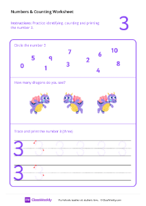 Counting and Tracing Numbers: 3 | Math Worksheet