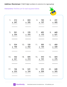 Adding 3-digit numbers in columns (no regrouping) - Pineapple | Math Worksheet