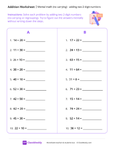 Mental Math: Adding two 2-digit Numbers (no carrying) - Purple Pencil | Math Worksheet