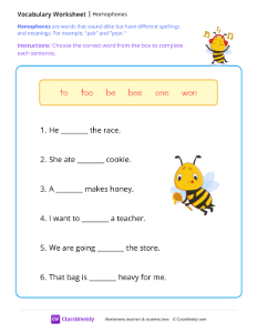 Homophones - Bee | Reading & Writing Worksheet