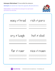 Unscramble the antonyms - Swimmer | Reading & Writing Worksheet