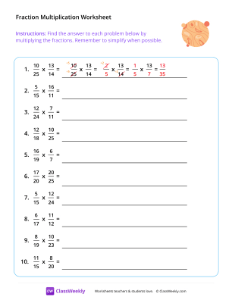 Multiply Fractions (Denominators 2-25) - Orange Planet | Math Worksheet