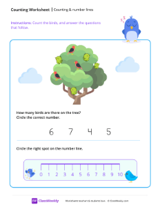 Counting and number lines - Bird | Math Worksheet