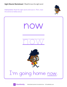 Read & trace the sight word - Now | Reading & Writing Worksheet