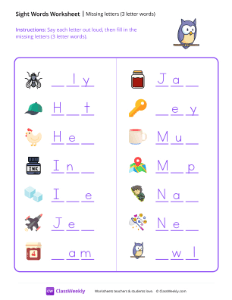 Missing letters (3 letter words) - Owl | Reading & Writing Worksheet