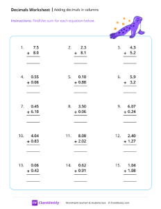 Adding decimals in columns - Seal | Math Worksheet