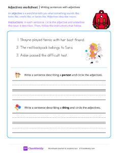 Writing sentences with adjectives - Backpack | Grammar Worksheet