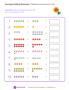 Adding with pictures (sums to 20) - Flower | Math Worksheet