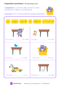 Writing Prepositions - Cat in the Box | Grammar Worksheet