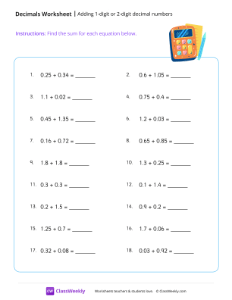 Adding decimals (1 or 2 decimal digits) - Calculator | Math Worksheet