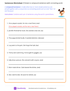 Simple vs compound sentences (with connecting words) - Swim | Reading & Writing Worksheet