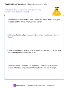 Counting money (word problems) - Bag | Math Worksheet