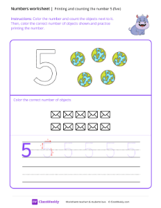 Count and Print (5) - Happy Hippo | Math Worksheet