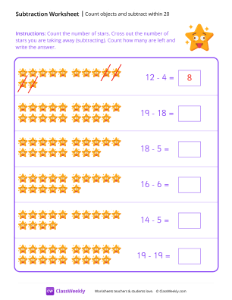 Count objects and subtract within 20 - Star | Math Worksheet