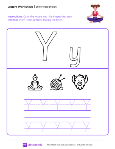 Letter Recognition (Y) - Yoga | Reading & Writing Worksheet