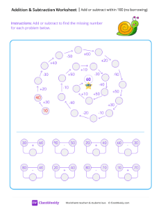 Add or subtract within 100 (whole tens) - Snail | Math Worksheet