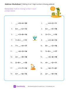 Adding 3 numbers with missing addend - Desert | Math Worksheet