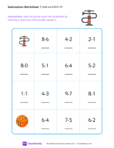 Subtract within 10 - Pump | Math Worksheet