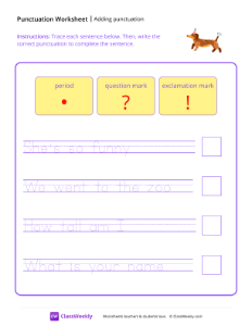 Adding Punctuation - Wiener Dog | Reading & Writing Worksheet