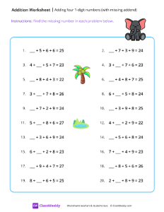 Adding 4 numbers with missing addend - Elephant | Math Worksheet