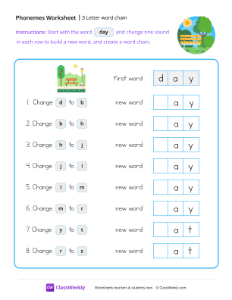 3 Letter Word Chain - Day | Reading & Writing Worksheet