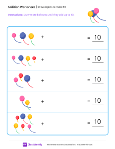 Draw objects to make 10 - Balloons | Math Worksheet