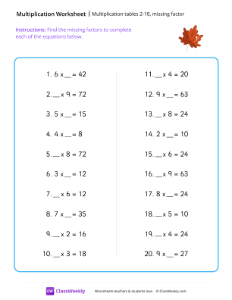 Multiplication tables 2-10, missing factor - Leaf | Math Worksheet