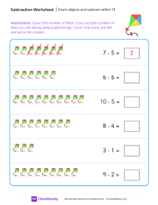 Count objects and subtract within 10 - Kite | Math Worksheet