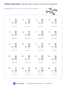 Add two 2-digit numbers in columns (with regrouping) - Drone | Math Worksheet