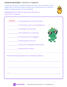 Sentences or Fragments - Cool Duck | Reading & Writing Worksheet