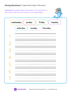 Capital letters (days of the week) - Dolphin | Reading & Writing Worksheet