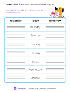 Yesterday and Tomorrow - Pets | Math Worksheet