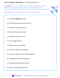 Identifying prepositions - Plane | Grammar Worksheet