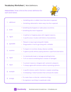 Word Definitions - Curious Bee | Reading & Writing Worksheet