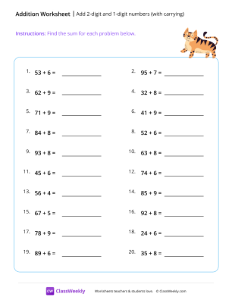 Add 2-digit and 1-digit numbers (with carrying) - Tiger | Math Worksheet