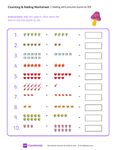 Adding with pictures (sums to 20) - Mushroom | Math Worksheet