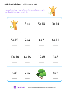 Addition maze (sums to 20) - Giraffe | Math Worksheet