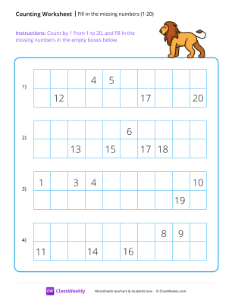 Fill in the missing numbers (1-20) - Lion | Math Worksheet