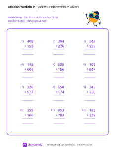 Add two 3-digit numbers in columns - Sun Shades | Math Worksheet