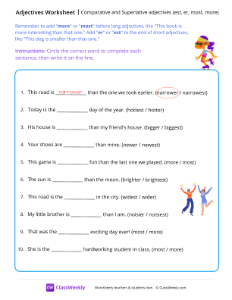 Comparative & Superlative adjectives - est, er, most, more | Grammar Worksheet