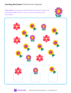 Count and sort (4 groups) - Flowers | Math Worksheet