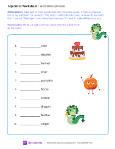 Alliterations (phrases) - Dragon | Grammar Worksheet